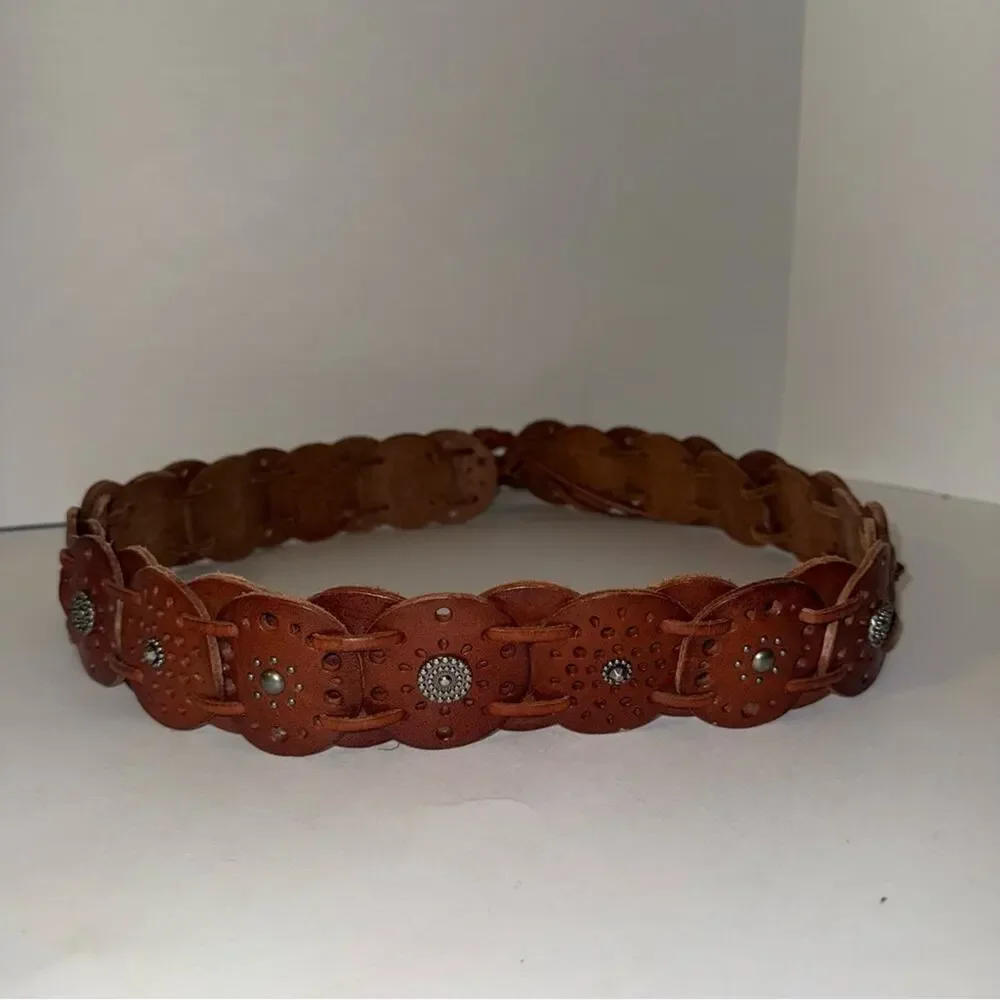 Fossil Brown Leather Scalloped Western Belt with Stud Accents